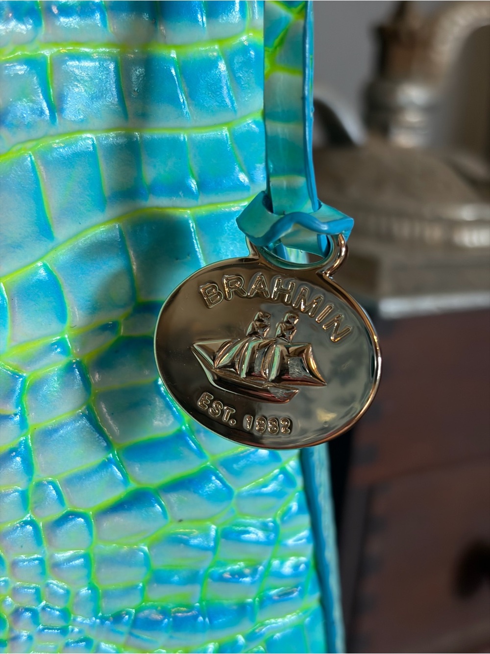 Brahmin ESME Cotton Candy Iridescent Turquoise Croc-Embossed Shoulder Bag - Picture 4 of 13